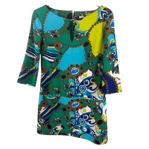 Sangria‎ Scuba Mini Dress Tunic Multicolor Geometric 3/4 Sleeve Keyhole Size 6